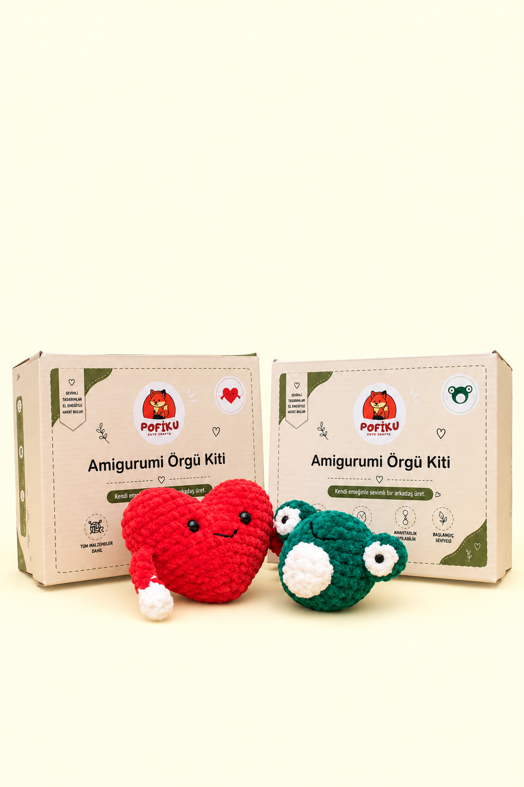 Kurbağa ve Kalp Tığ Kiti Yeni Başlayanlar İçin Videolu Amigurumi Örgü 2'li set